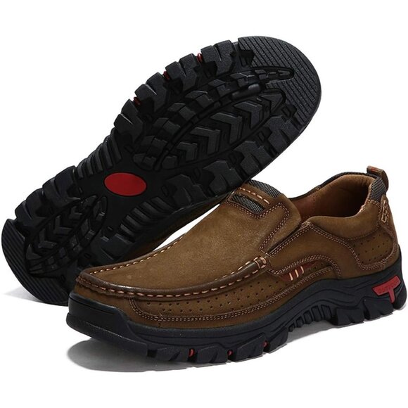 Men's Khaki Slip-on Hiking Shoes Leather Casual Outdoor Walking Sneaker - Picture 6 of 8